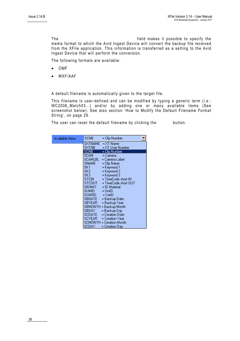 Default ingest device media format, Target name format string | EVS Xfile Version 2.14 - January 2011 User Manual User Manual | Page 47 / 190