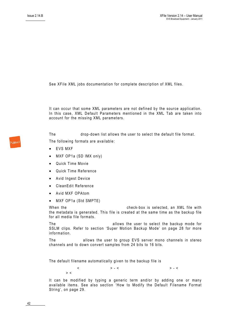 Xml default parameters, Xml backup output parameters, Xml backup filename format string | EVS Xfile Version 2.14 - January 2011 User Manual User Manual | Page 51 / 190