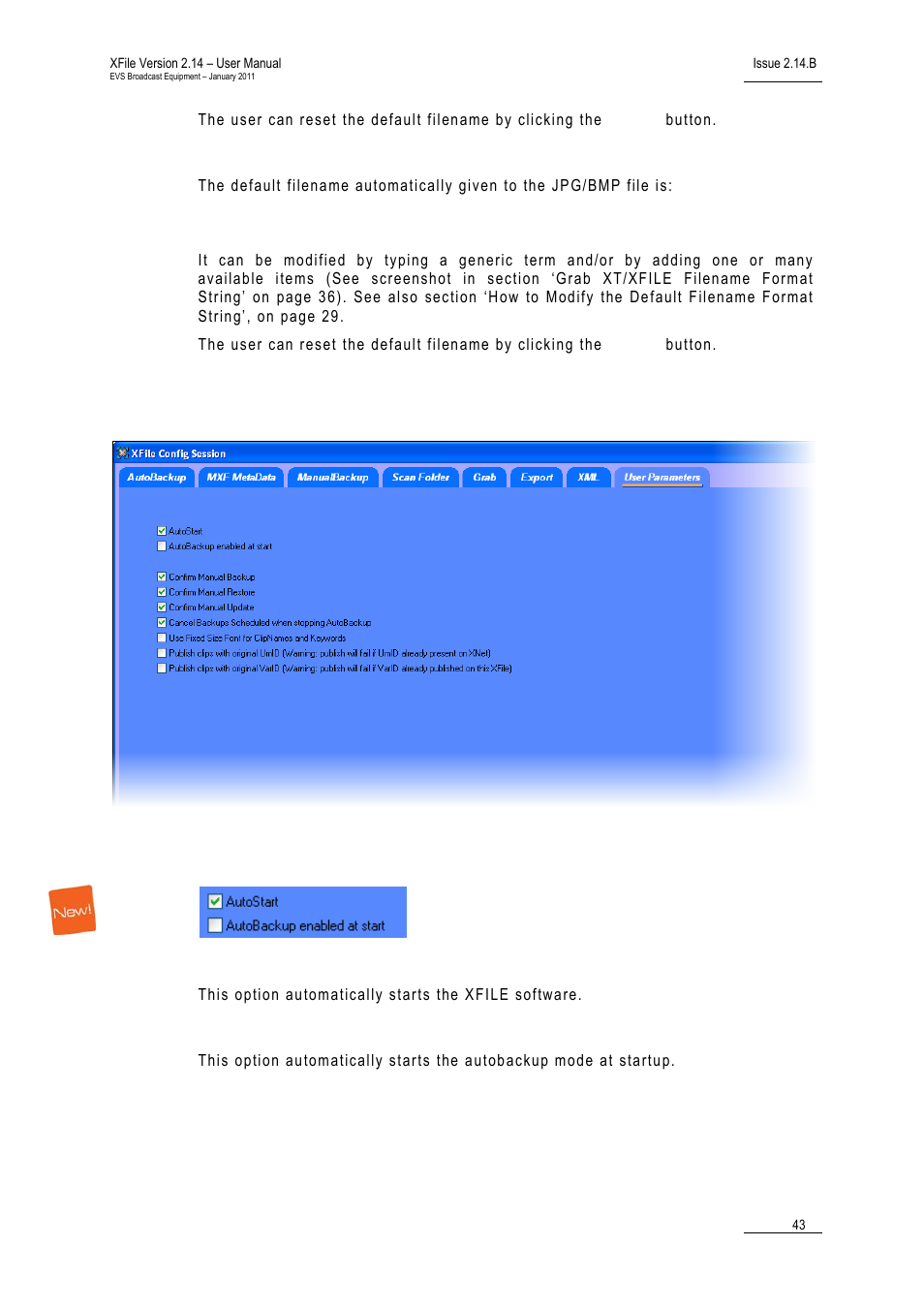 Xml grab filename format string, 8 tab 8 – user parameters, Parameters for automatic processes | Autostart, Autobackup at startup, Tab 8 – user parameters, Arameters | EVS Xfile Version 2.14 - January 2011 User Manual User Manual | Page 52 / 190