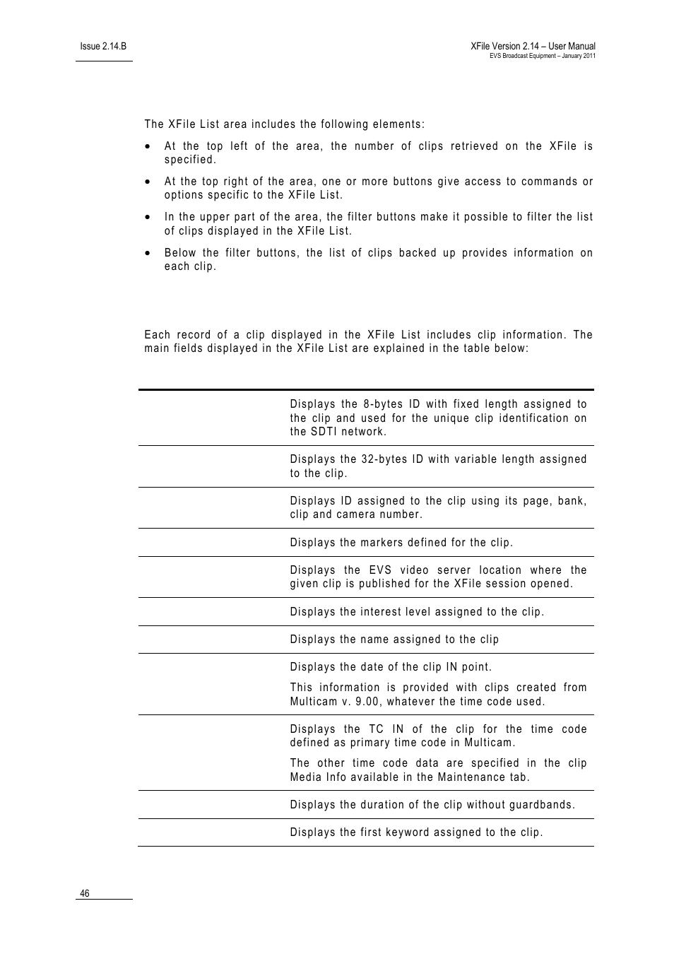2 xfile list, Xfile list information, Xfile list | 2 xf | EVS Xfile Version 2.14 - January 2011 User Manual User Manual | Page 55 / 190