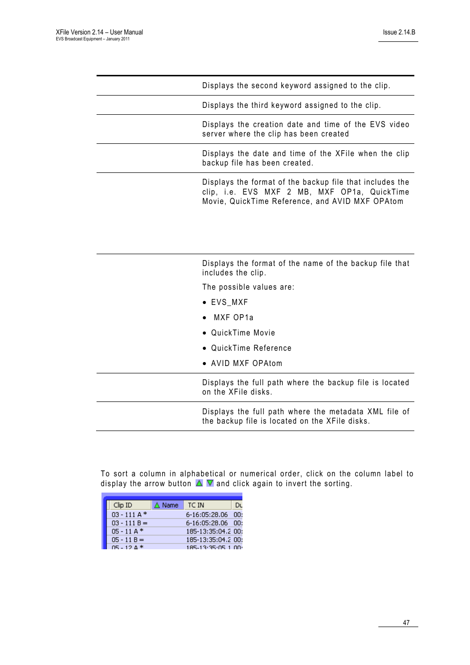 Sorting clips in the xfile list | EVS Xfile Version 2.14 - January 2011 User Manual User Manual | Page 56 / 190