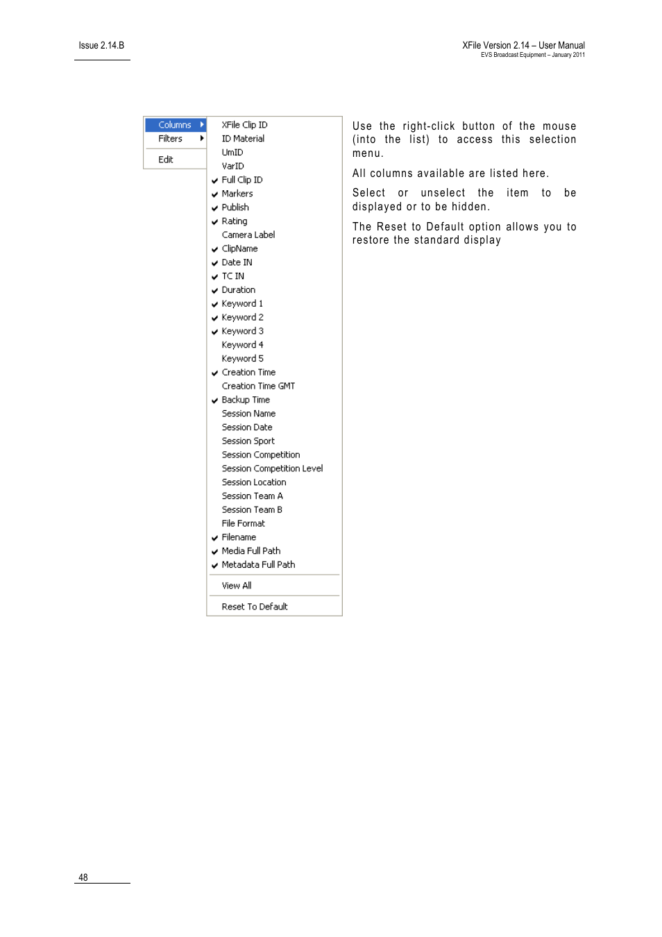 Selecting columns in the xfile list | EVS Xfile Version 2.14 - January 2011 User Manual User Manual | Page 57 / 190