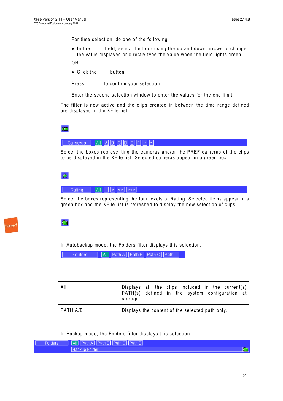 Camera selection, Rating, Folders | Autobackup mode, Backup mode, Folders: up | EVS Xfile Version 2.14 - January 2011 User Manual User Manual | Page 60 / 190