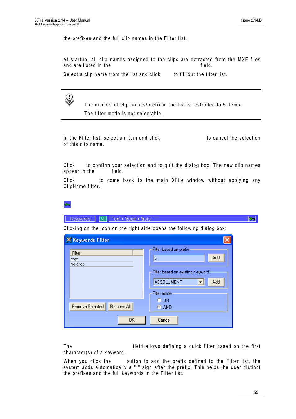 Filter based on existing clipname, Remove selected, Ok/cancel | Keywords, Filter based on prefix | EVS Xfile Version 2.14 - January 2011 User Manual User Manual | Page 64 / 190