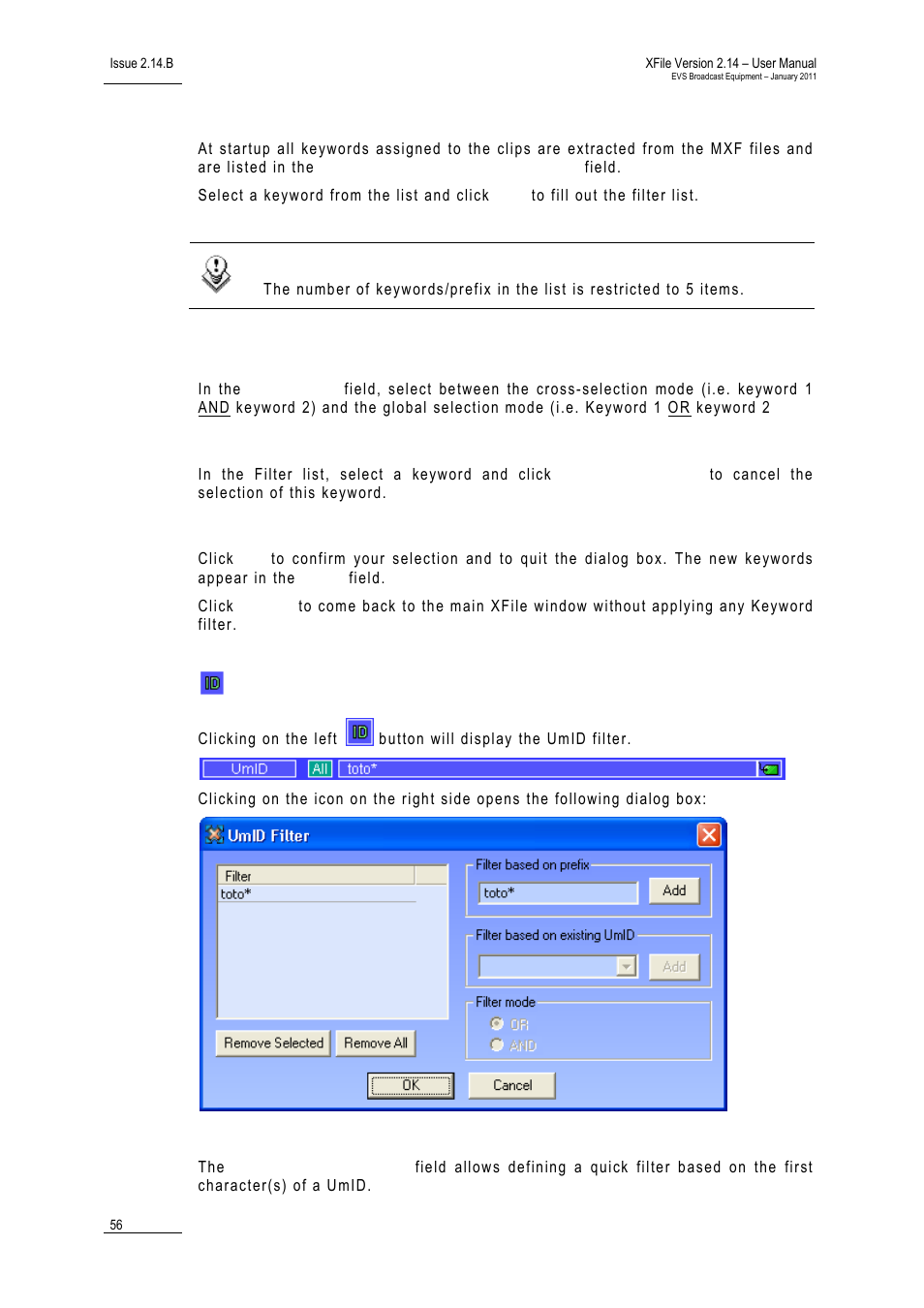 Filter based on existing keyword, Filter mode, Remove selected | Ok / cancel, Umid, Filter based on prefix | EVS Xfile Version 2.14 - January 2011 User Manual User Manual | Page 65 / 190