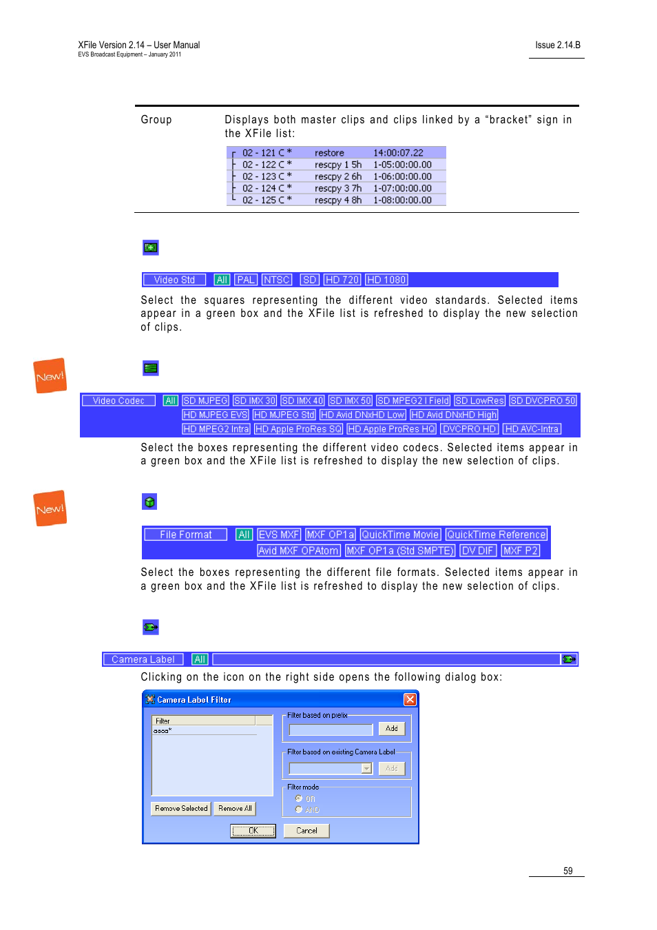 Video standards, Video codecs, File format | Camera label | EVS Xfile Version 2.14 - January 2011 User Manual User Manual | Page 68 / 190