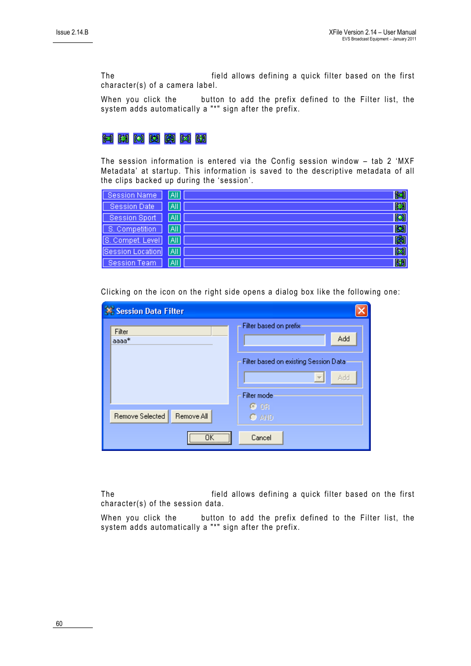 Filter based on prefix, Session filters | EVS Xfile Version 2.14 - January 2011 User Manual User Manual | Page 69 / 190