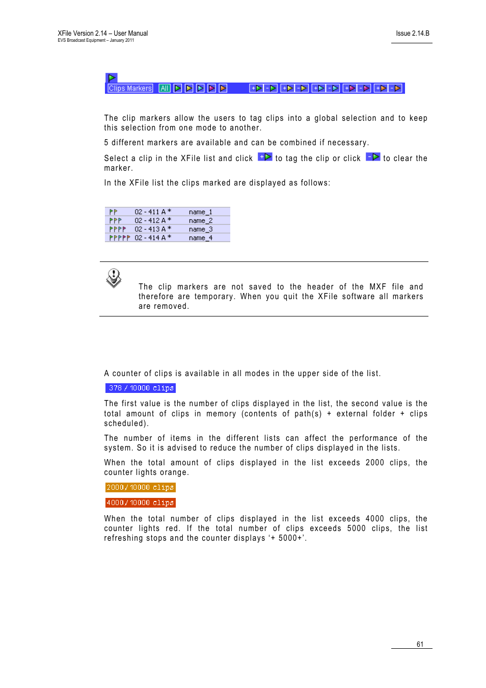 Clip markers, Counters, Ounters | EVS Xfile Version 2.14 - January 2011 User Manual User Manual | Page 70 / 190