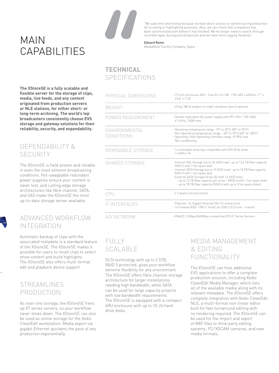 Main capabilities, Dependability & security, Advanced workflow integration | Streamlines production, Fully scalable, Media management & editing functionality, Technical specifications | EVS XstoreSE User Manual | Page 3 / 4