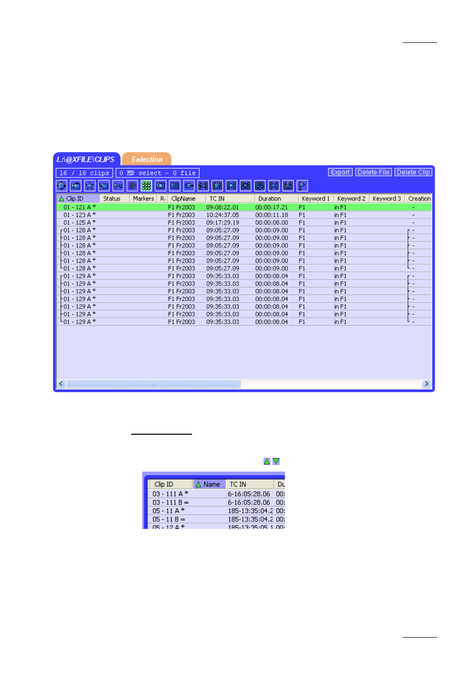 The clips list, Sorting clips | EVS Xfile Version 1.01 - December 2006 User Manual User Manual | Page 12 / 42