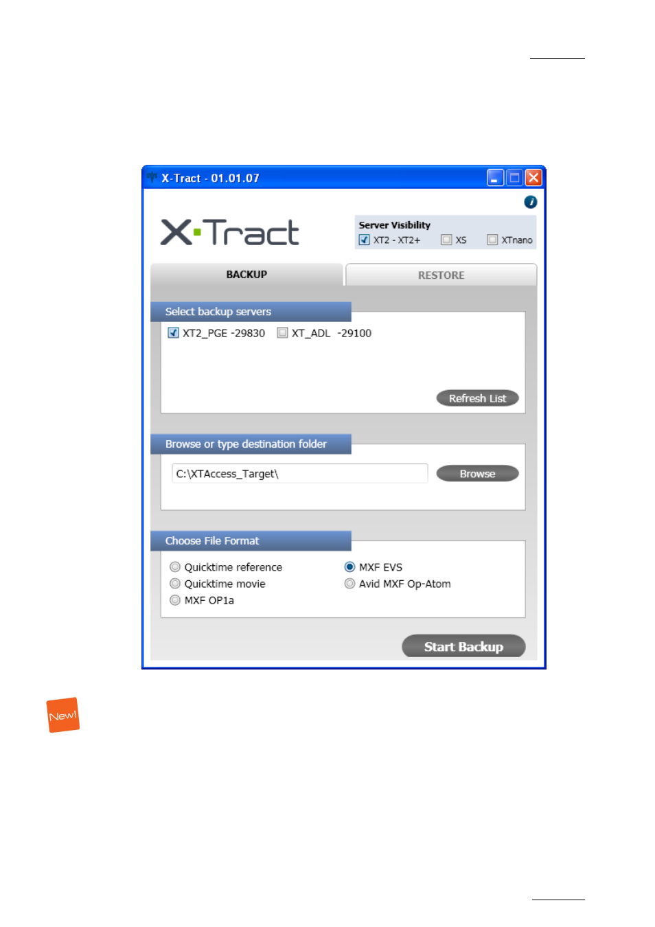 1 the backup window, Server visibility, Select backup servers | The backup window | EVS XTract Version 1.01 - January 2011 User Manual User Manual | Page 10 / 15