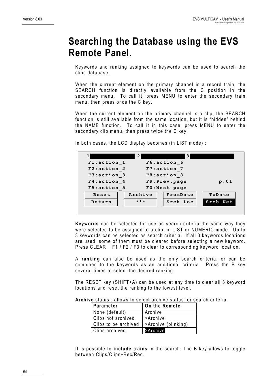 Searching the database using the evs remote panel | EVS MulticamLSM Version 8.03 - Dec 2006 User's Manual User Manual | Page 100 / 156