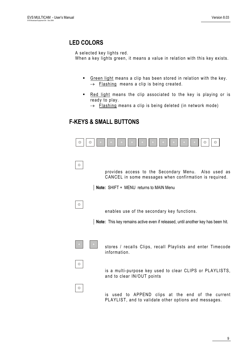 Led colors, F-keys & small buttons | EVS MulticamLSM Version 8.03 - Dec 2006 User's Manual User Manual | Page 11 / 156