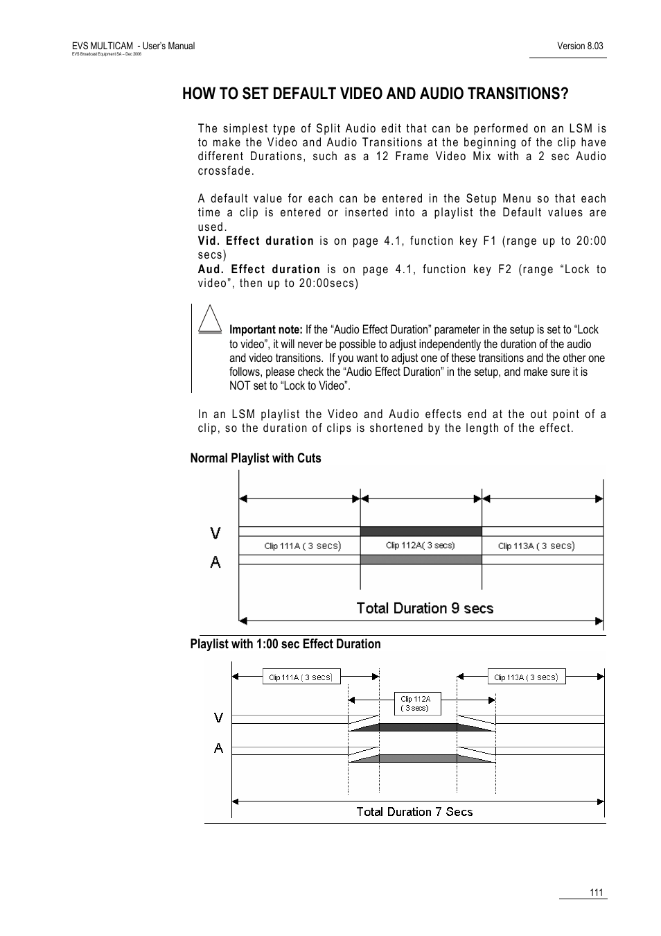 How to set default video and audio transitions, Normal playlist with cuts, Playlist with 1:00 sec effect duration | EVS MulticamLSM Version 8.03 - Dec 2006 User's Manual User Manual | Page 113 / 156