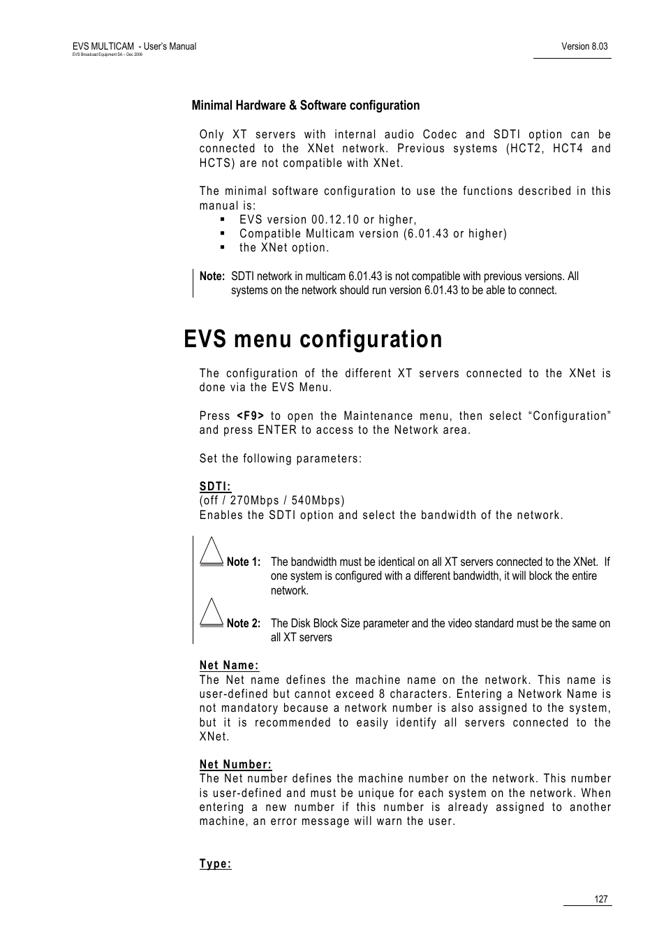 Minimal hardware & software configuration, Evs menu configuration | EVS MulticamLSM Version 8.03 - Dec 2006 User's Manual User Manual | Page 129 / 156