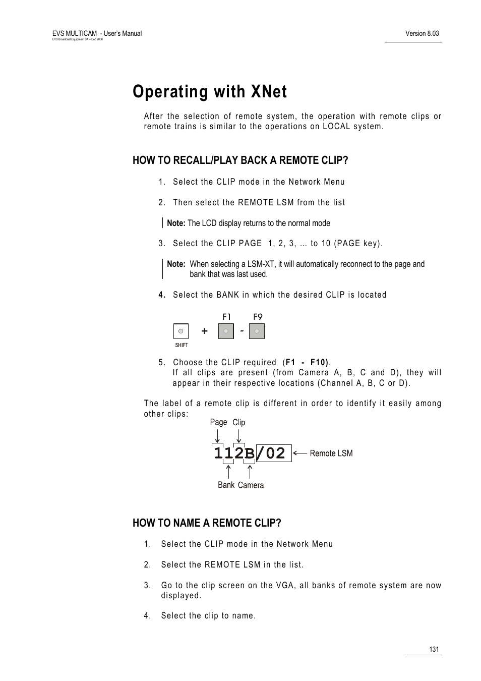 Operating with xnet, How to recall/play back a remote clip, How to name a remote clip | EVS MulticamLSM Version 8.03 - Dec 2006 User's Manual User Manual | Page 133 / 156