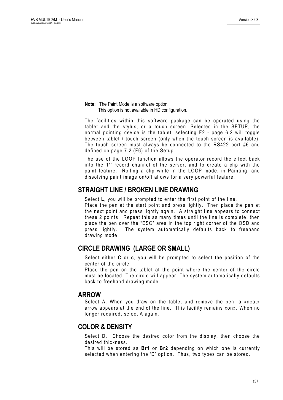 Paint mode, Straight line / broken line drawing, Circle drawing (large or small) | Arrow, Color & density | EVS MulticamLSM Version 8.03 - Dec 2006 User's Manual User Manual | Page 139 / 156