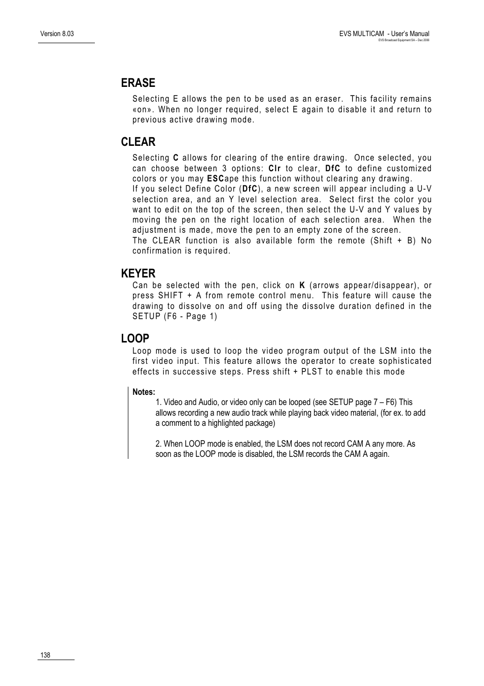 Erase, Clear, Keyer | Loop | EVS MulticamLSM Version 8.03 - Dec 2006 User's Manual User Manual | Page 140 / 156