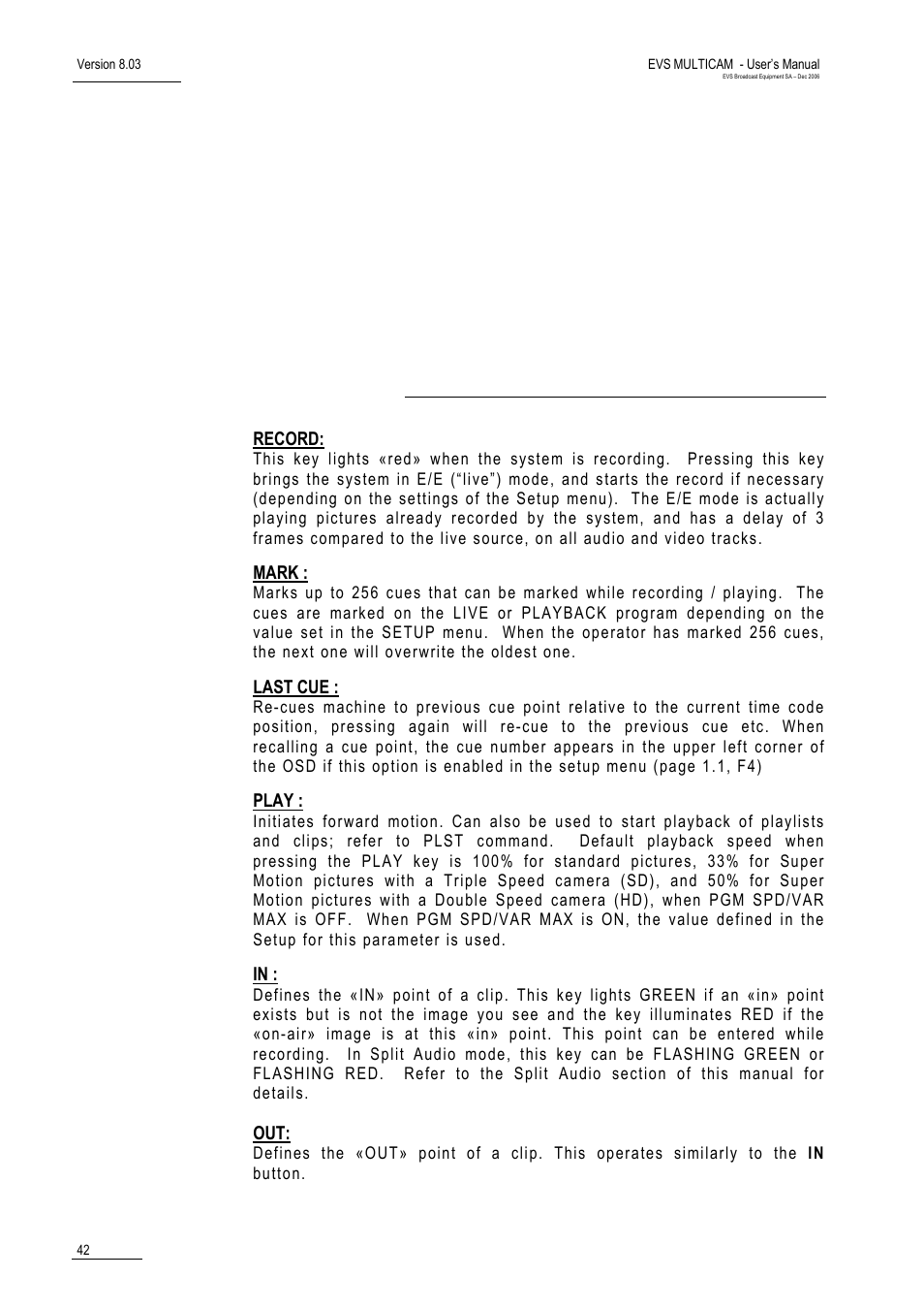 Remote panel operations, Record, Mark | Last cue, Play | EVS MulticamLSM Version 8.03 - Dec 2006 User's Manual User Manual | Page 44 / 156