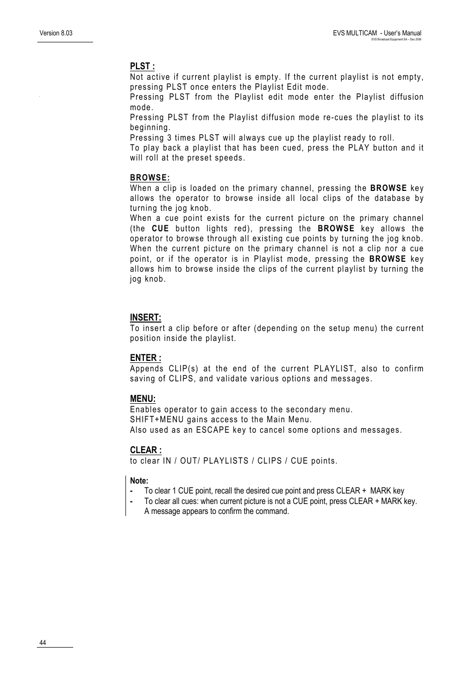 Plst, Insert, Enter | Menu, Clear | EVS MulticamLSM Version 8.03 - Dec 2006 User's Manual User Manual | Page 46 / 156