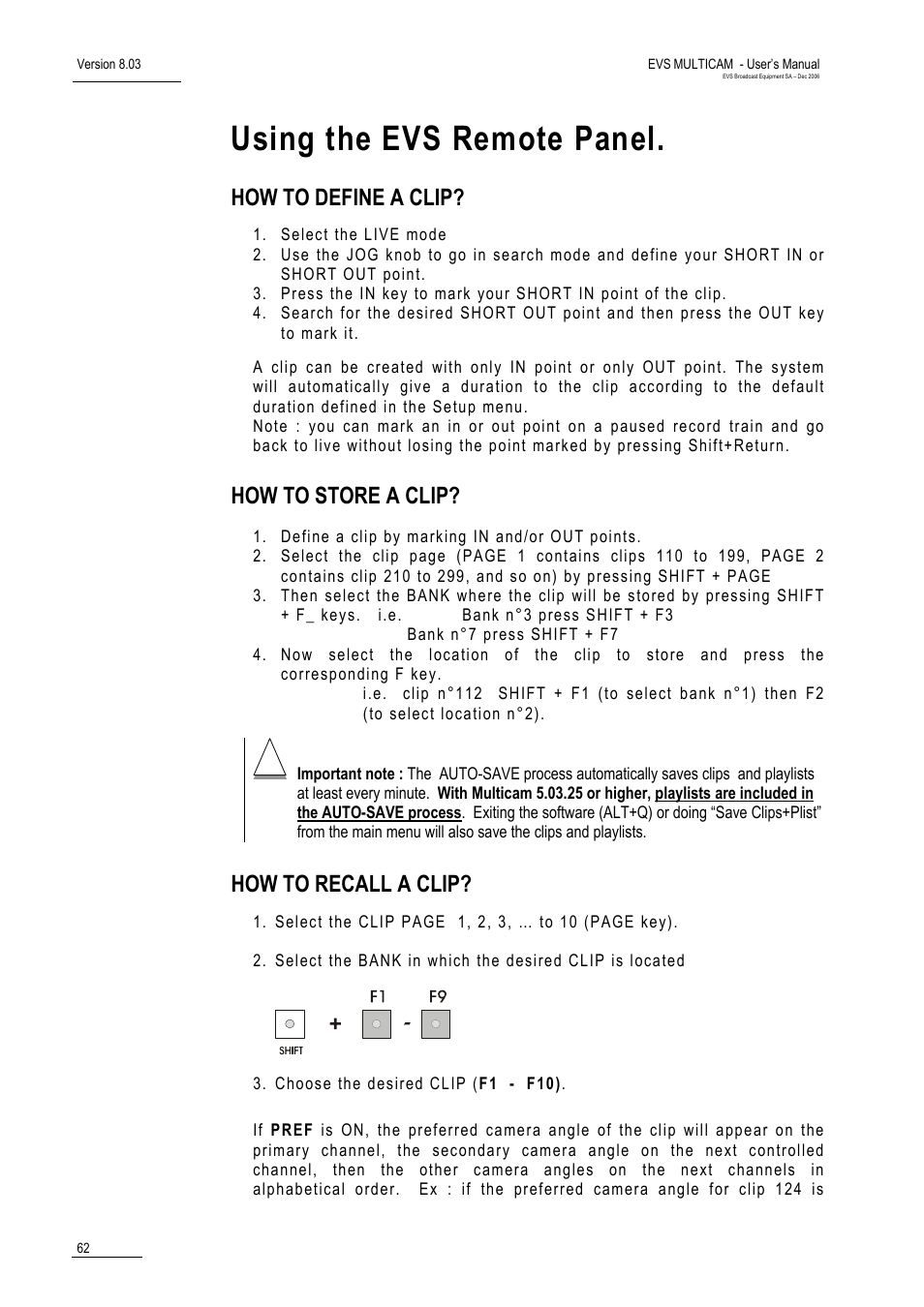 Using the evs remote panel, How to define a clip, How to store a clip | How to recall a clip | EVS MulticamLSM Version 8.03 - Dec 2006 User's Manual User Manual | Page 64 / 156
