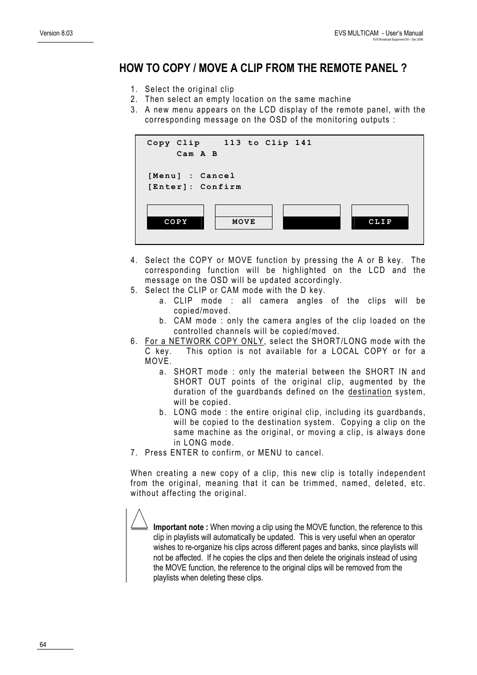 How to copy / move a clip from the remote panel | EVS MulticamLSM Version 8.03 - Dec 2006 User's Manual User Manual | Page 66 / 156
