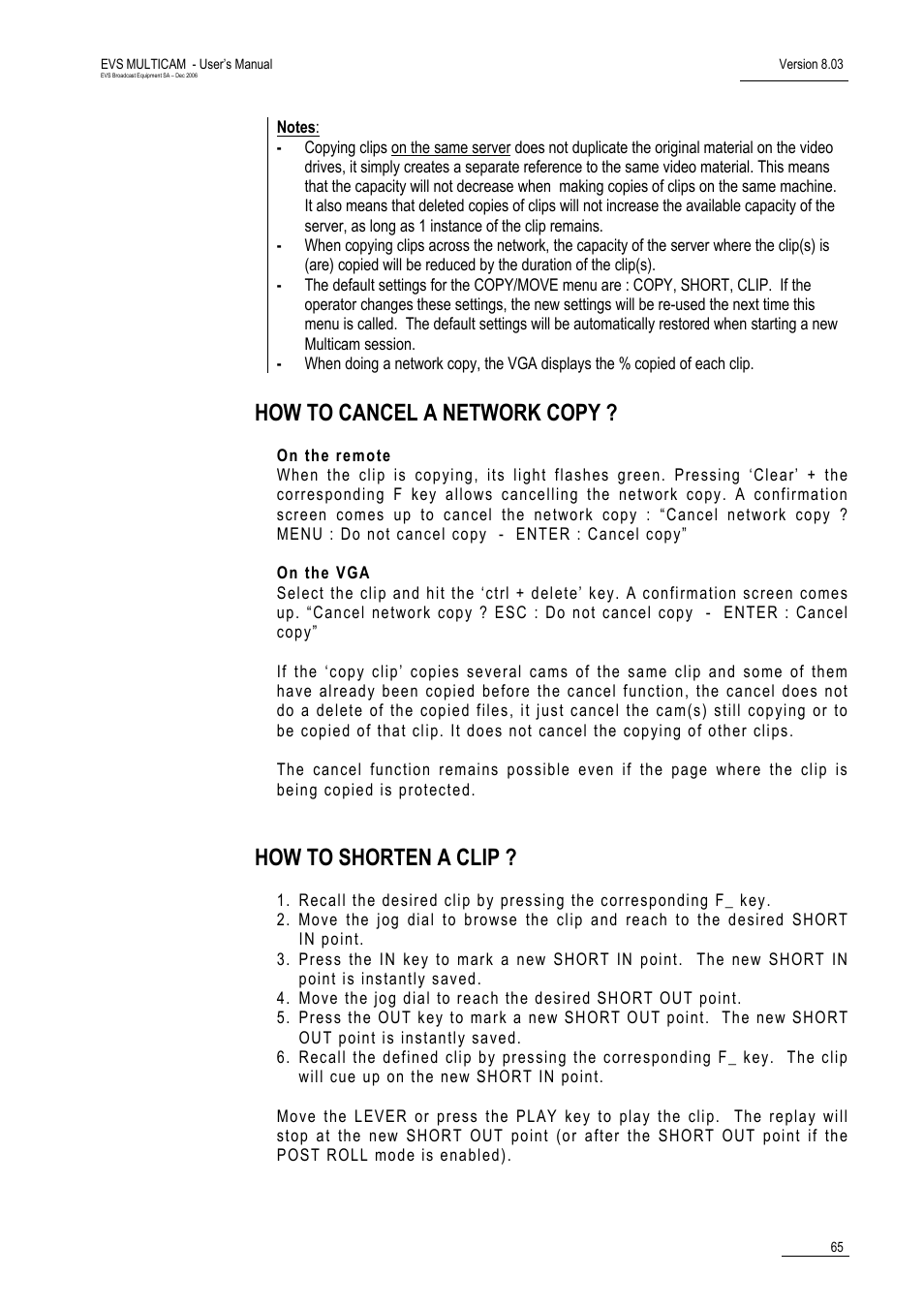 How to cancel a network copy, How to shorten a clip | EVS MulticamLSM Version 8.03 - Dec 2006 User's Manual User Manual | Page 67 / 156