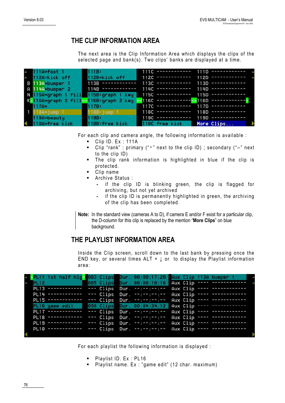 The clip information area, The playlist information area | EVS MulticamLSM Version 8.03 - Dec 2006 User's Manual User Manual | Page 78 / 156