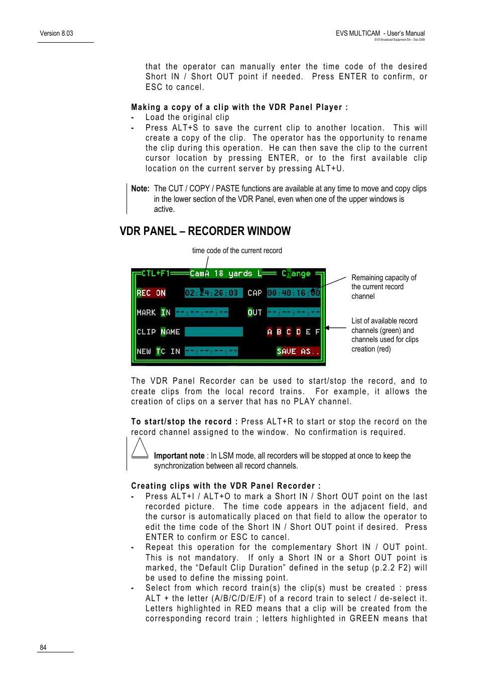 Vdr panel – recorder window | EVS MulticamLSM Version 8.03 - Dec 2006 User's Manual User Manual | Page 86 / 156