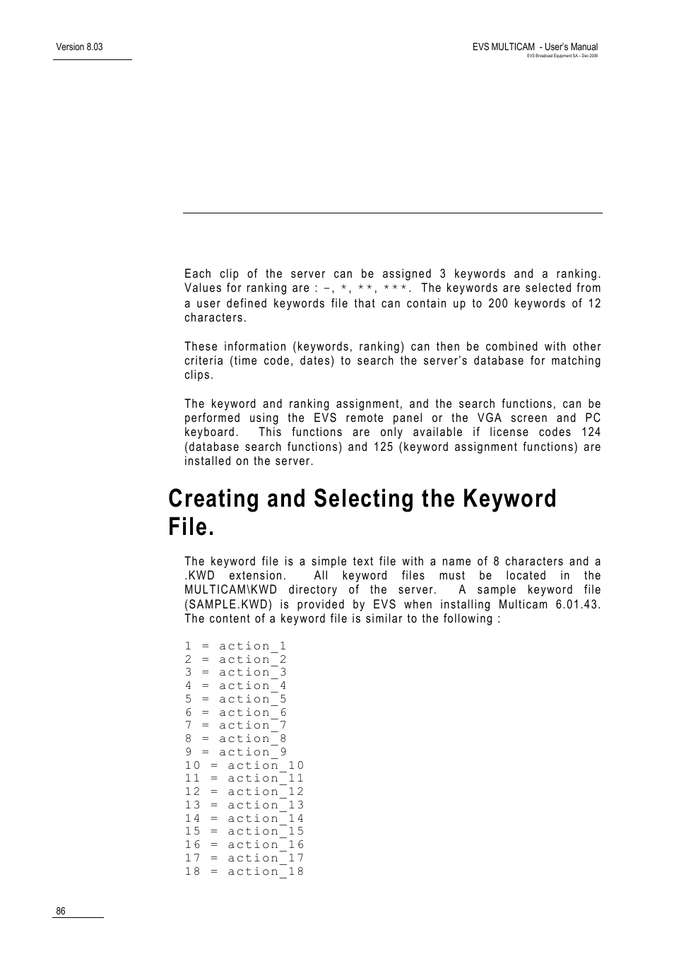 Keyword management, Creating and selecting the keyword file | EVS MulticamLSM Version 8.03 - Dec 2006 User's Manual User Manual | Page 88 / 156