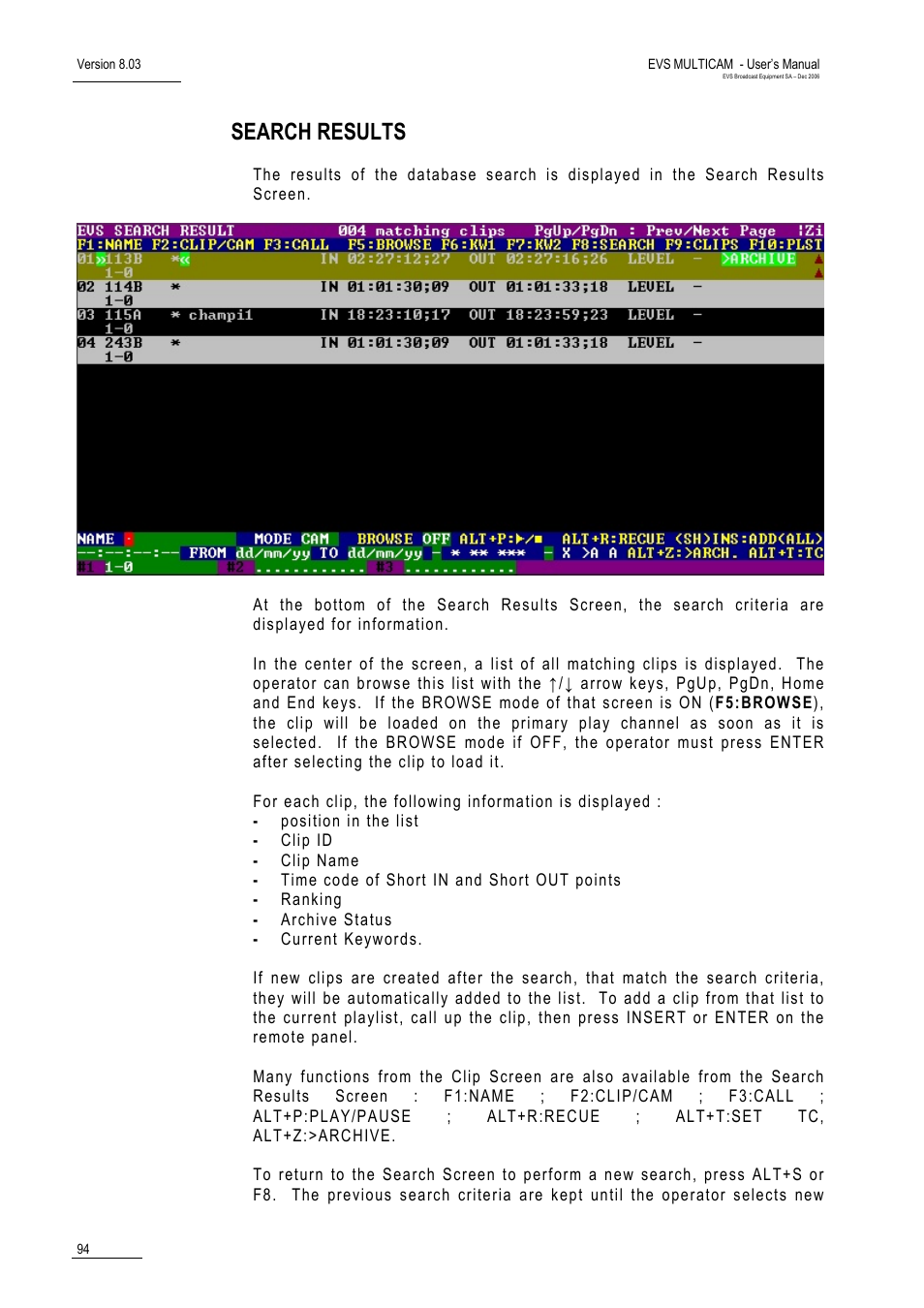 Search results | EVS MulticamLSM Version 8.03 - Dec 2006 User's Manual User Manual | Page 96 / 156