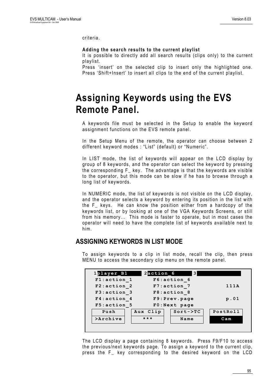 Assigning keywords using the evs remote panel, Assigning keywords in list mode | EVS MulticamLSM Version 8.03 - Dec 2006 User's Manual User Manual | Page 97 / 156
