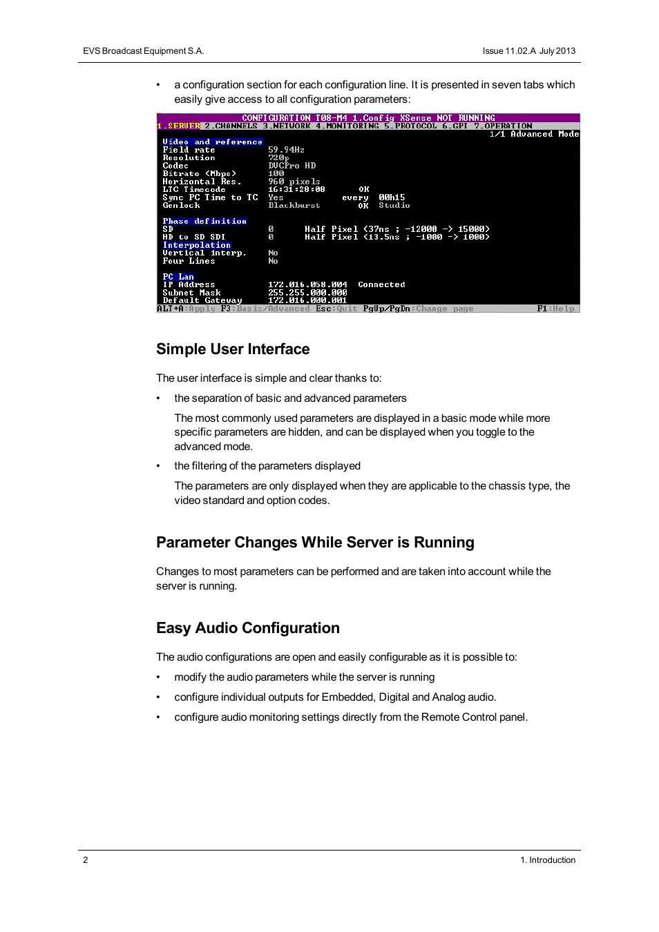 Simple user interface, Parameter changes while server is running, Easy audio configuration | EVS XS Version 11.02 - July 2013 Configuration Manual User Manual | Page 10 / 204