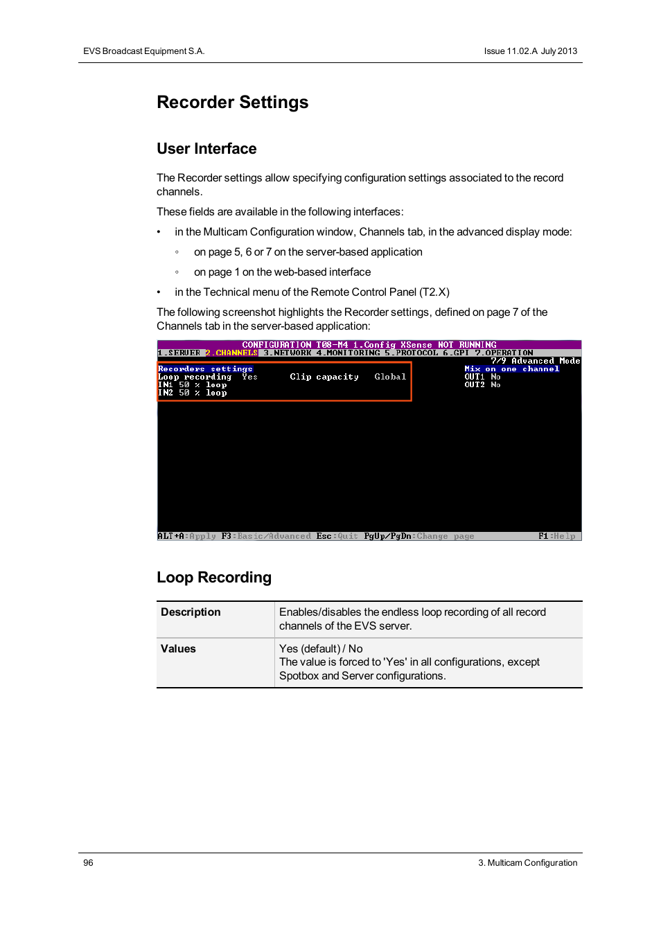 Recorder settings, User interface, Loop recording | EVS XS Version 11.02 - July 2013 Configuration Manual User Manual | Page 104 / 204