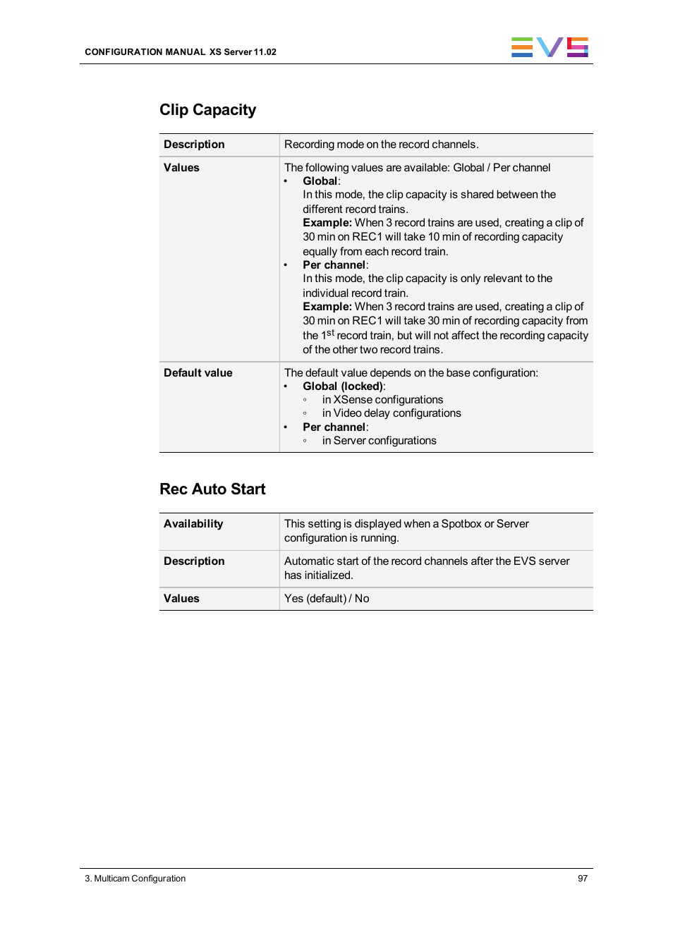 Clip capacity, Rec auto start | EVS XS Version 11.02 - July 2013 Configuration Manual User Manual | Page 105 / 204