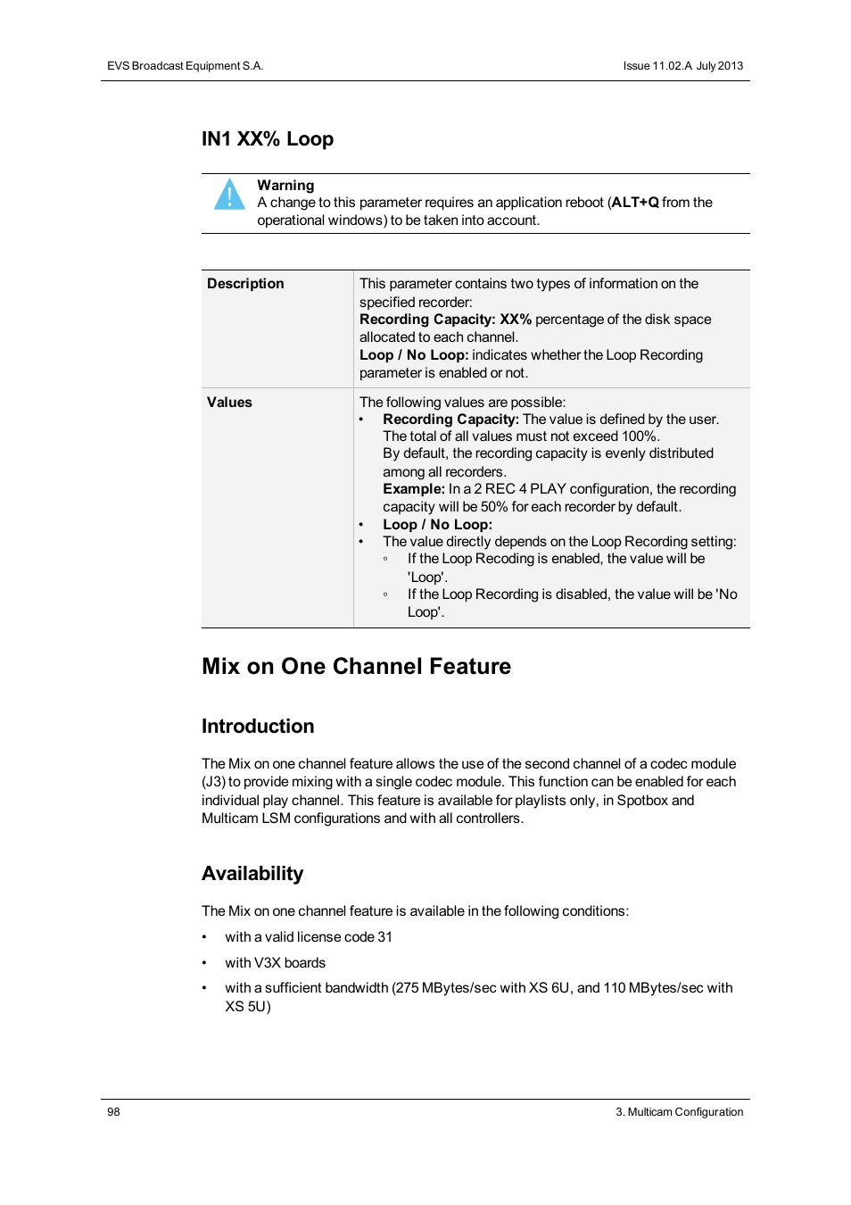 Mix on one channel feature, In1 xx% loop, Introduction | Availability | EVS XS Version 11.02 - July 2013 Configuration Manual User Manual | Page 106 / 204