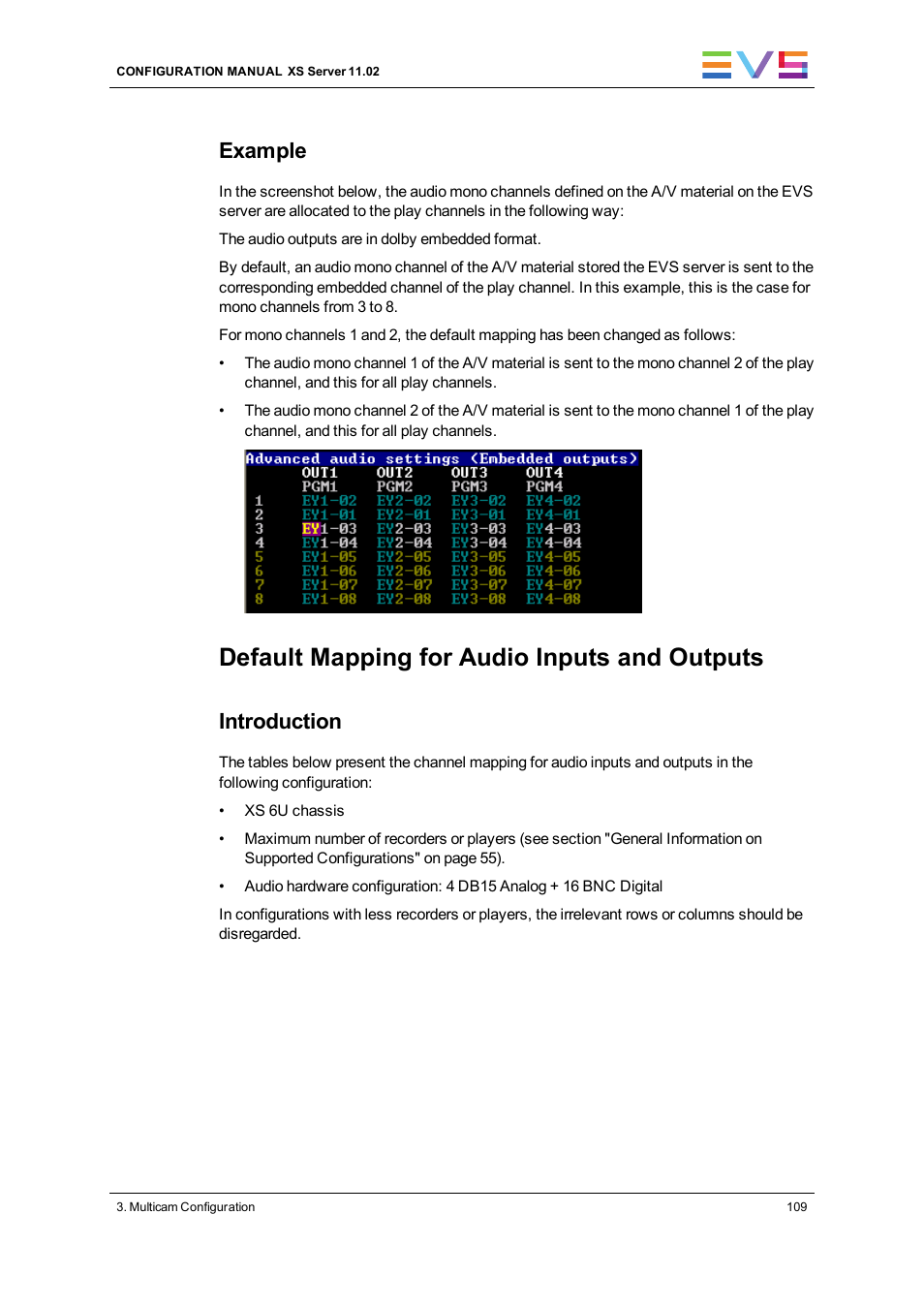 Default mapping for audio inputs and outputs, Example, Introduction | EVS XS Version 11.02 - July 2013 Configuration Manual User Manual | Page 117 / 204
