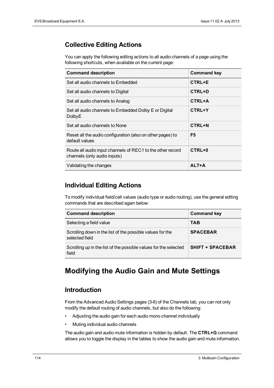 Modifying the audio gain and mute settings, Collective editing actions, Individual editing actions | Introduction | EVS XS Version 11.02 - July 2013 Configuration Manual User Manual | Page 122 / 204