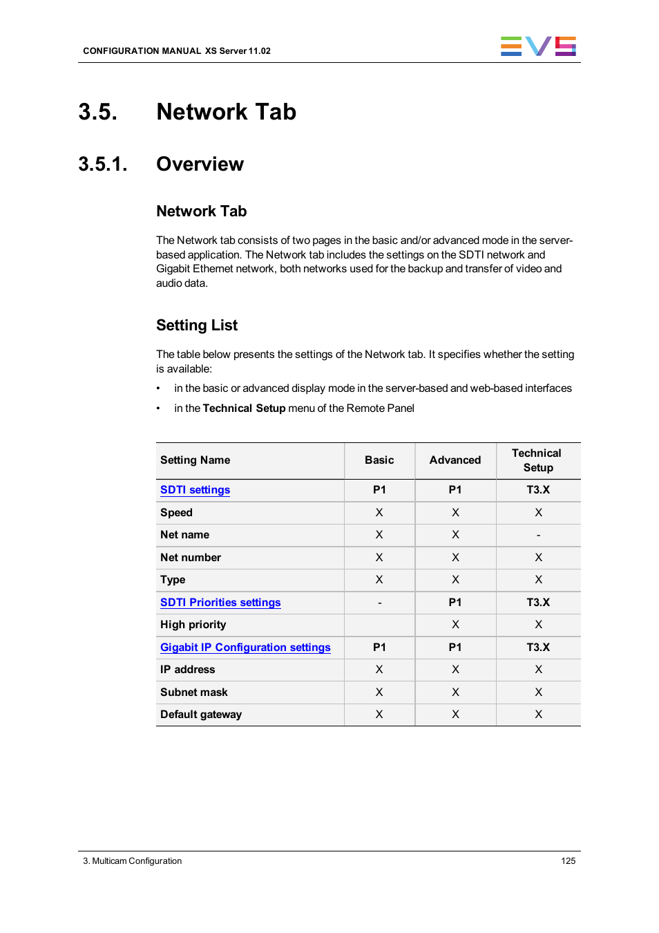 Network tab, Overview, Network settings | Setting list | EVS XS Version 11.02 - July 2013 Configuration Manual User Manual | Page 133 / 204