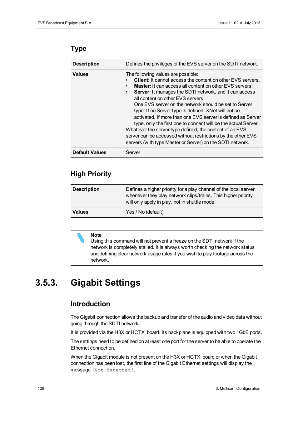 Gigabit settings, Type, High priority | Introduction | EVS XS Version 11.02 - July 2013 Configuration Manual User Manual | Page 136 / 204