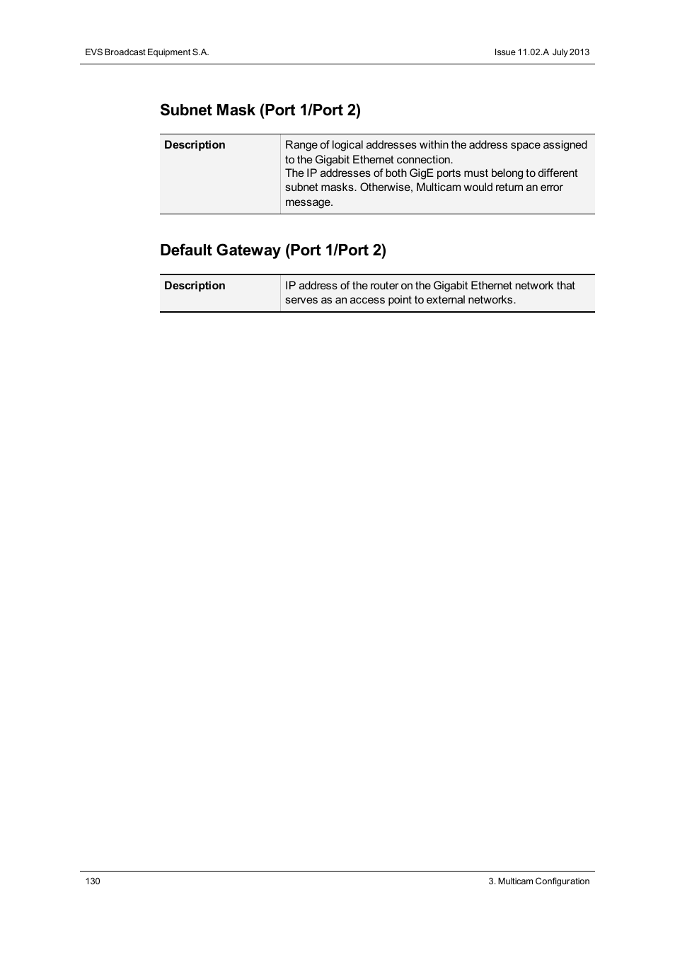 Subnet mask (port 1/port 2), Default gateway (port 1/port 2) | EVS XS Version 11.02 - July 2013 Configuration Manual User Manual | Page 138 / 204