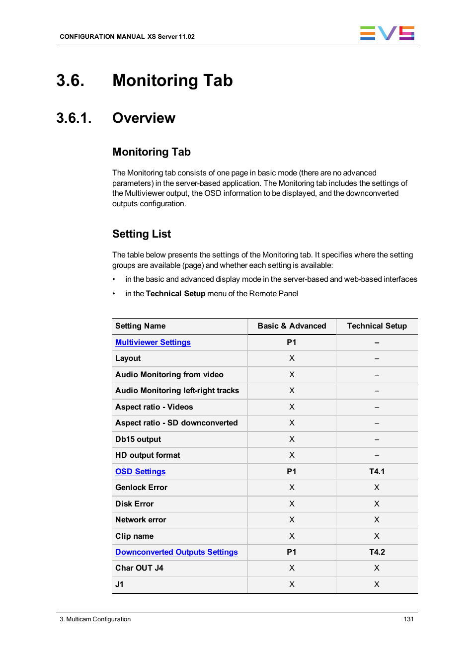 Monitoring tab, Overview, Monitoring settings | Setting list | EVS XS Version 11.02 - July 2013 Configuration Manual User Manual | Page 139 / 204