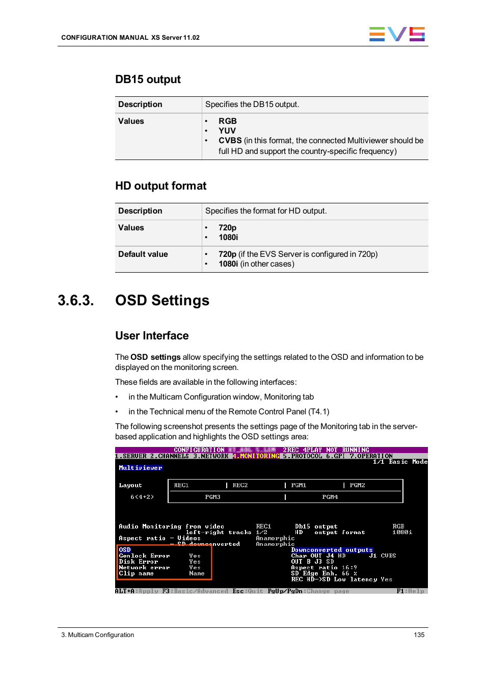 Osd settings, Db15 output, Hd output format | User interface | EVS XS Version 11.02 - July 2013 Configuration Manual User Manual | Page 143 / 204