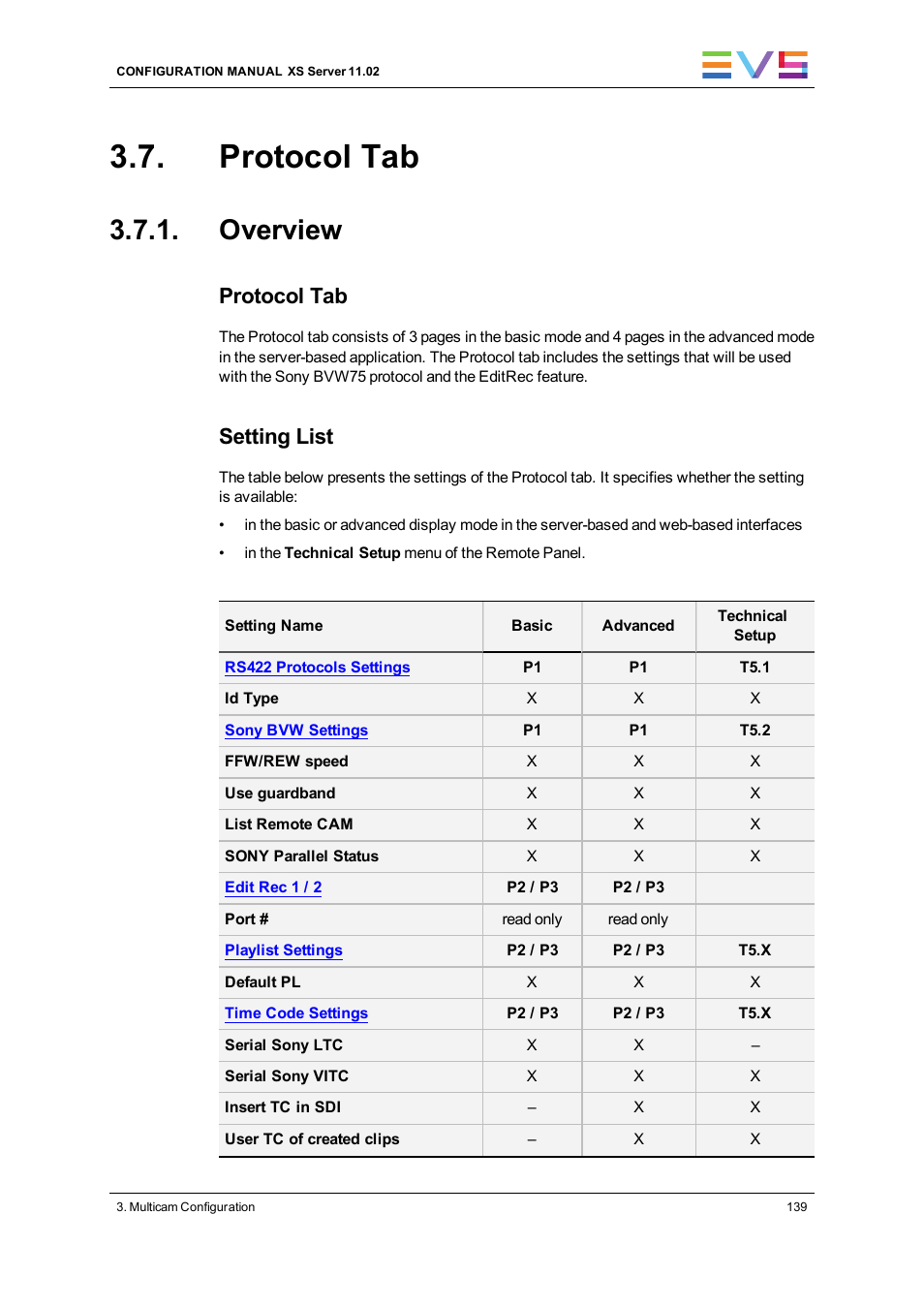 Protocol tab, Overview, Protocol settings | Setting list | EVS XS Version 11.02 - July 2013 Configuration Manual User Manual | Page 147 / 204