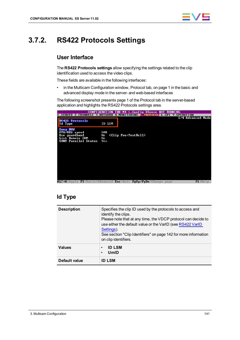 Rs422 protocols settings, User interface, Id type | EVS XS Version 11.02 - July 2013 Configuration Manual User Manual | Page 149 / 204