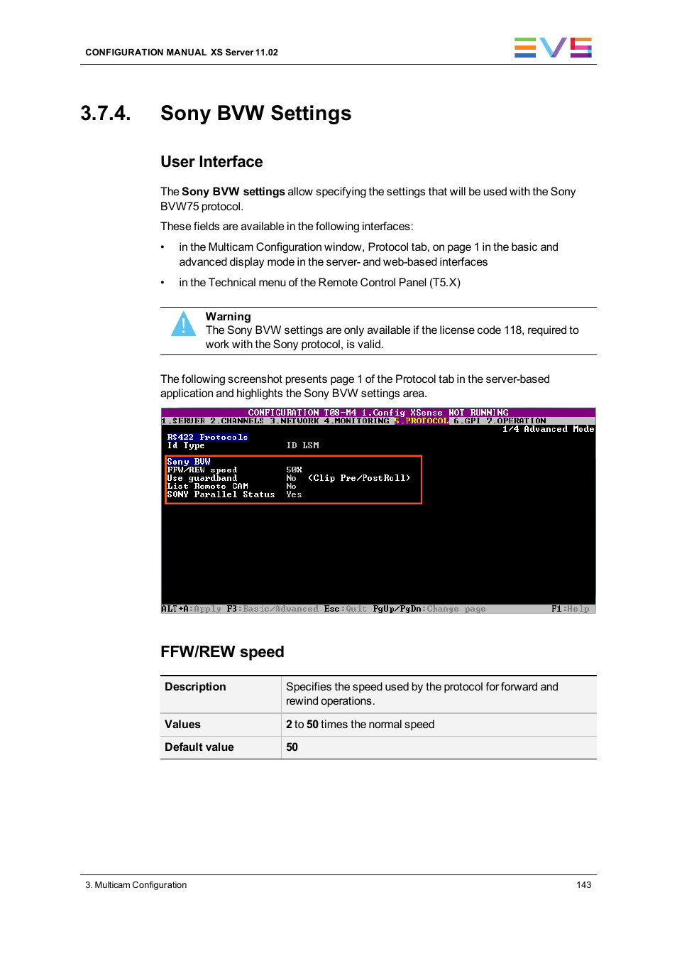 Sony bvw settings, User interface, Ffw/rew speed | EVS XS Version 11.02 - July 2013 Configuration Manual User Manual | Page 151 / 204