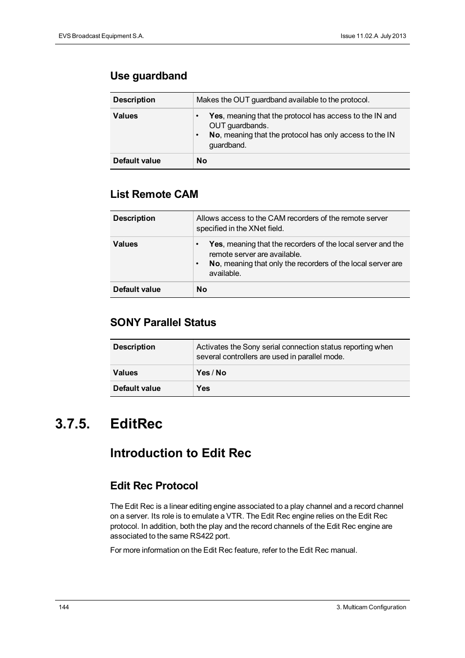 Editrec, Edit rec 1 / 2, Introduction to edit rec | Use guardband, List remote cam, Sony parallel status, Edit rec protocol | EVS XS Version 11.02 - July 2013 Configuration Manual User Manual | Page 152 / 204