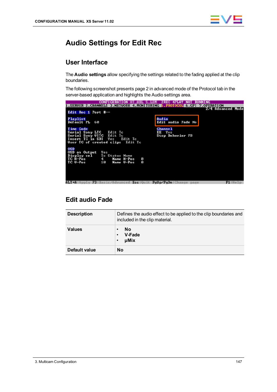 Audio settings, Audio settings for edit rec, User interface | Edit audio fade | EVS XS Version 11.02 - July 2013 Configuration Manual User Manual | Page 155 / 204