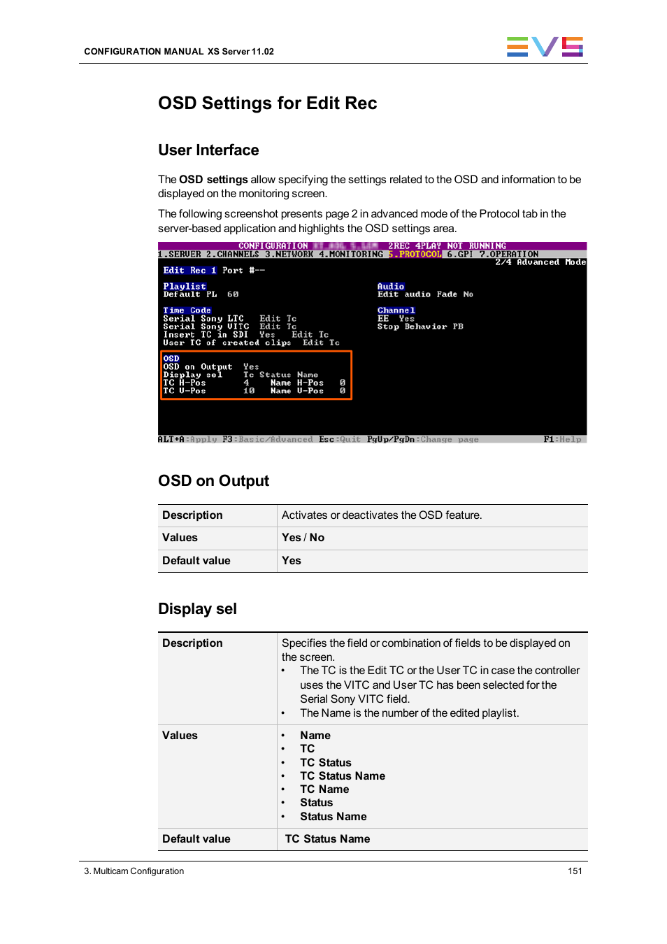 Osd settings, Osd settings for edit rec, User interface | Osd on output, Display sel | EVS XS Version 11.02 - July 2013 Configuration Manual User Manual | Page 159 / 204