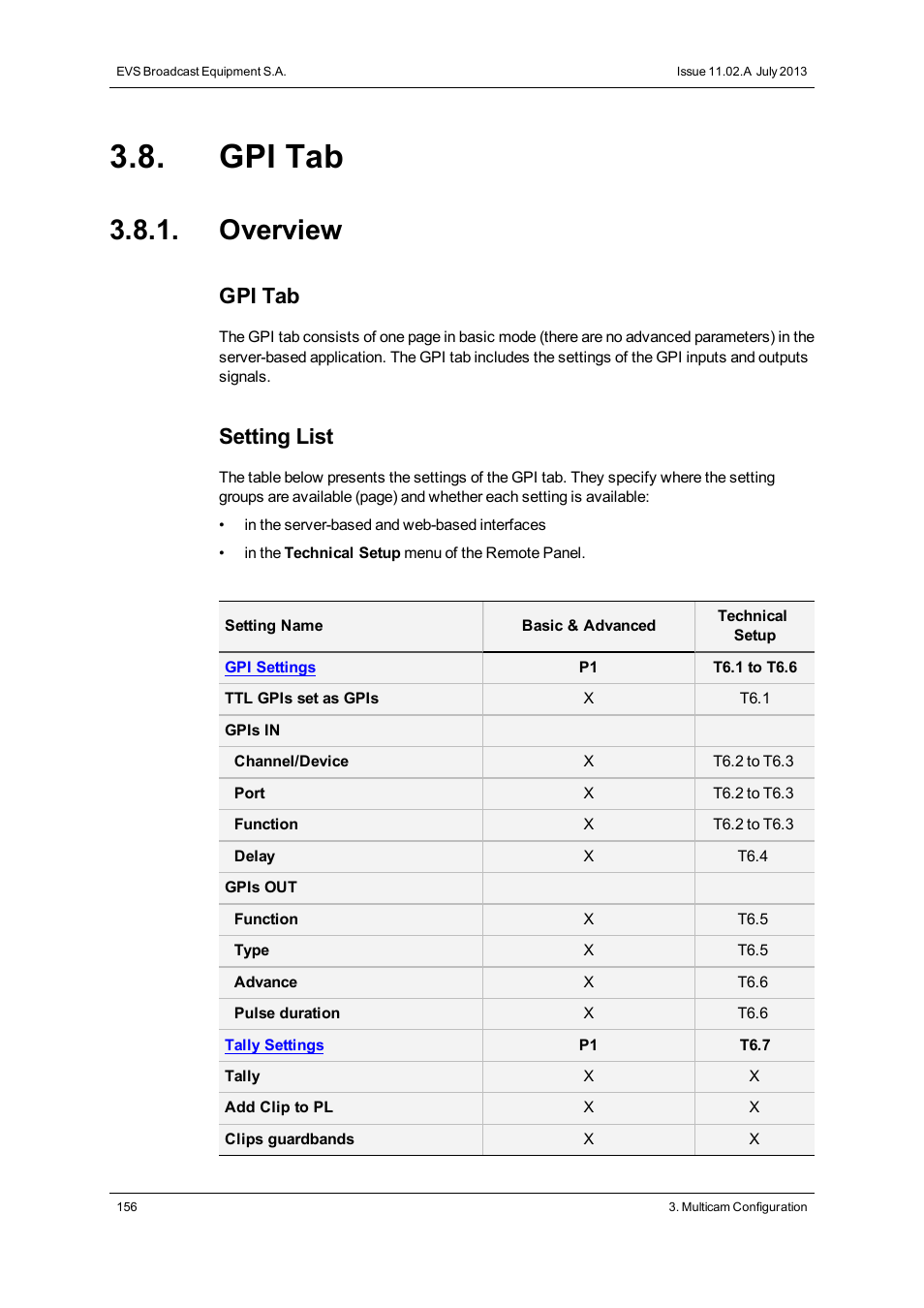 Gpi tab, Overview, Gpi settings | Setting list | EVS XS Version 11.02 - July 2013 Configuration Manual User Manual | Page 164 / 204